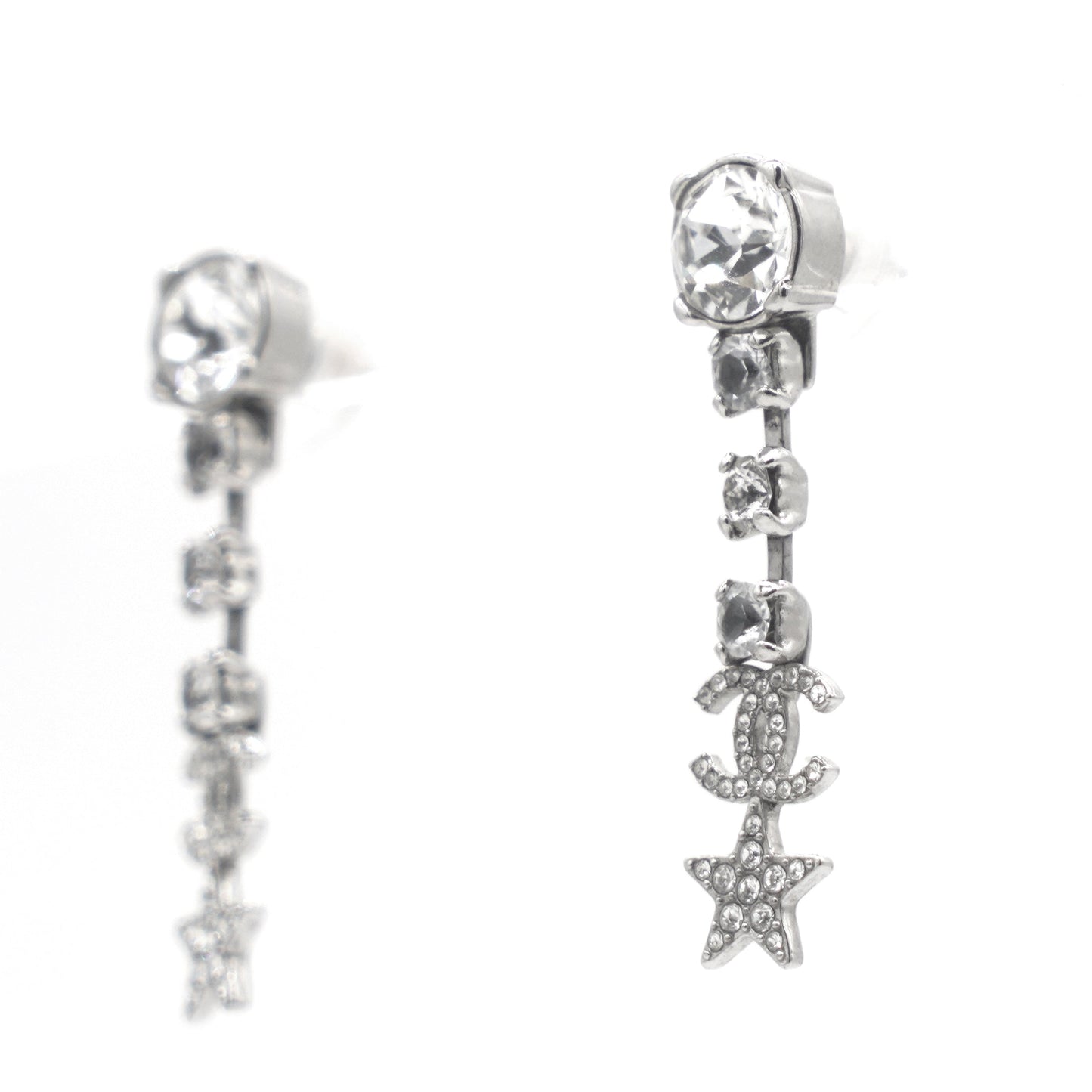 Chanel CC and Stars Silver Tone Drop Earrings