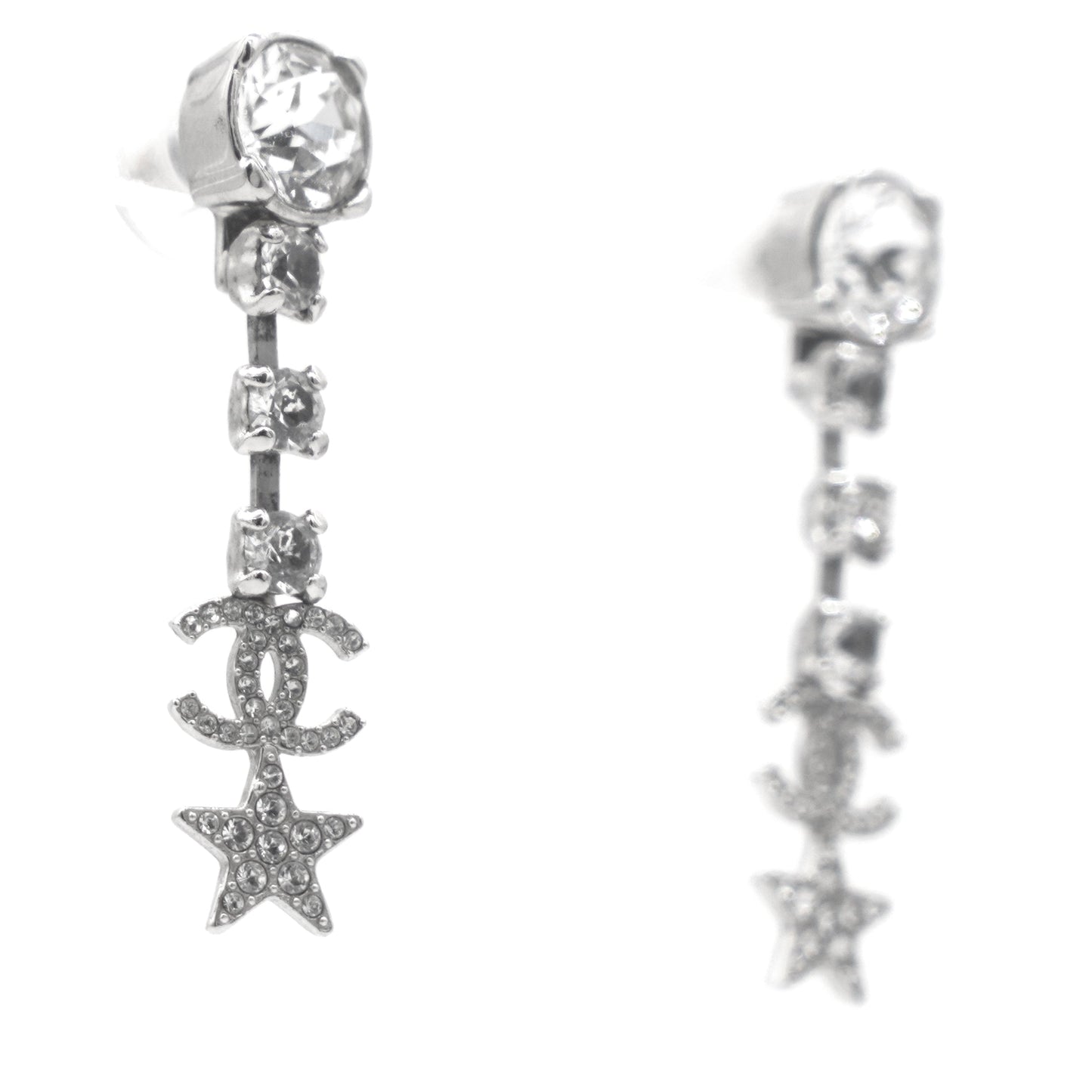 Chanel CC and Stars Silver Tone Drop Earrings