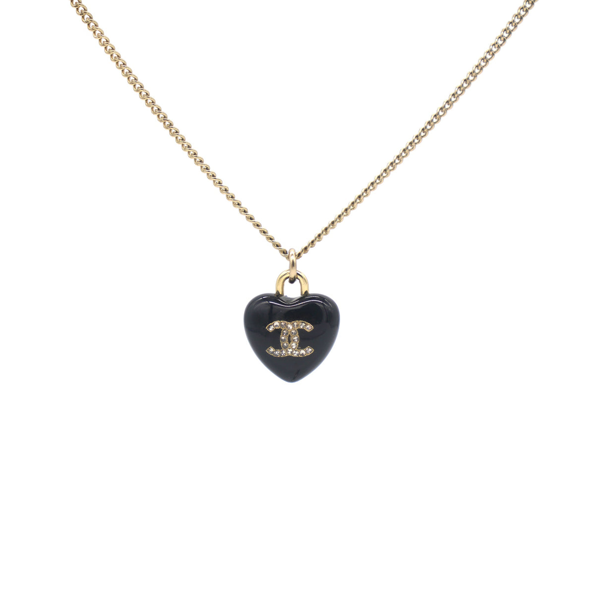 Chanel Resin Crystal CC Heart Necklace Black Gold