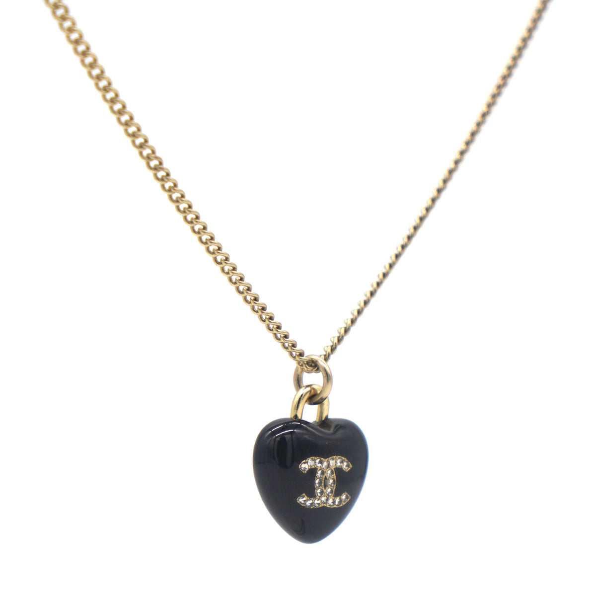 Chanel Resin Crystal CC Heart Necklace Black Gold