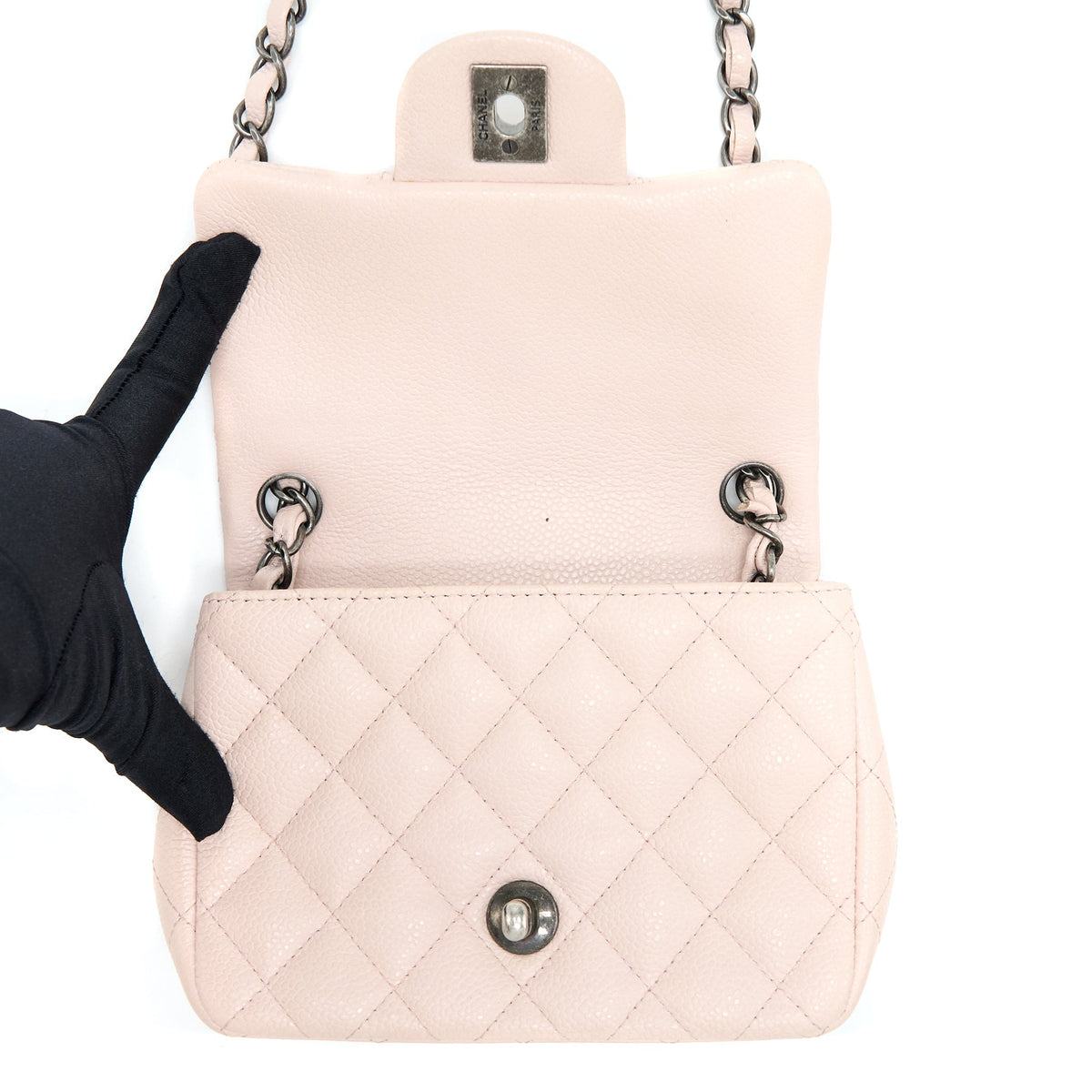 Chanel Mini Square Flap Bag Caviar Light Pink Ruthenium Hardware