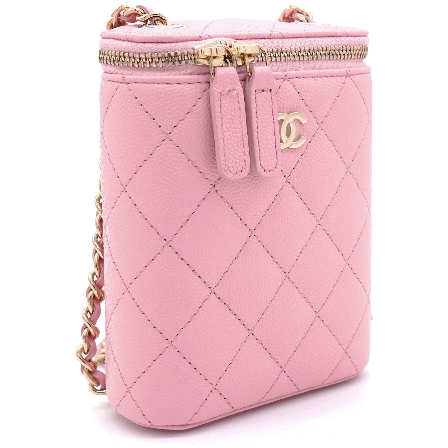 Chanel Caviar Quilted Small Vertical Coco Beauty Vanity Case With Chain Pink Sakura