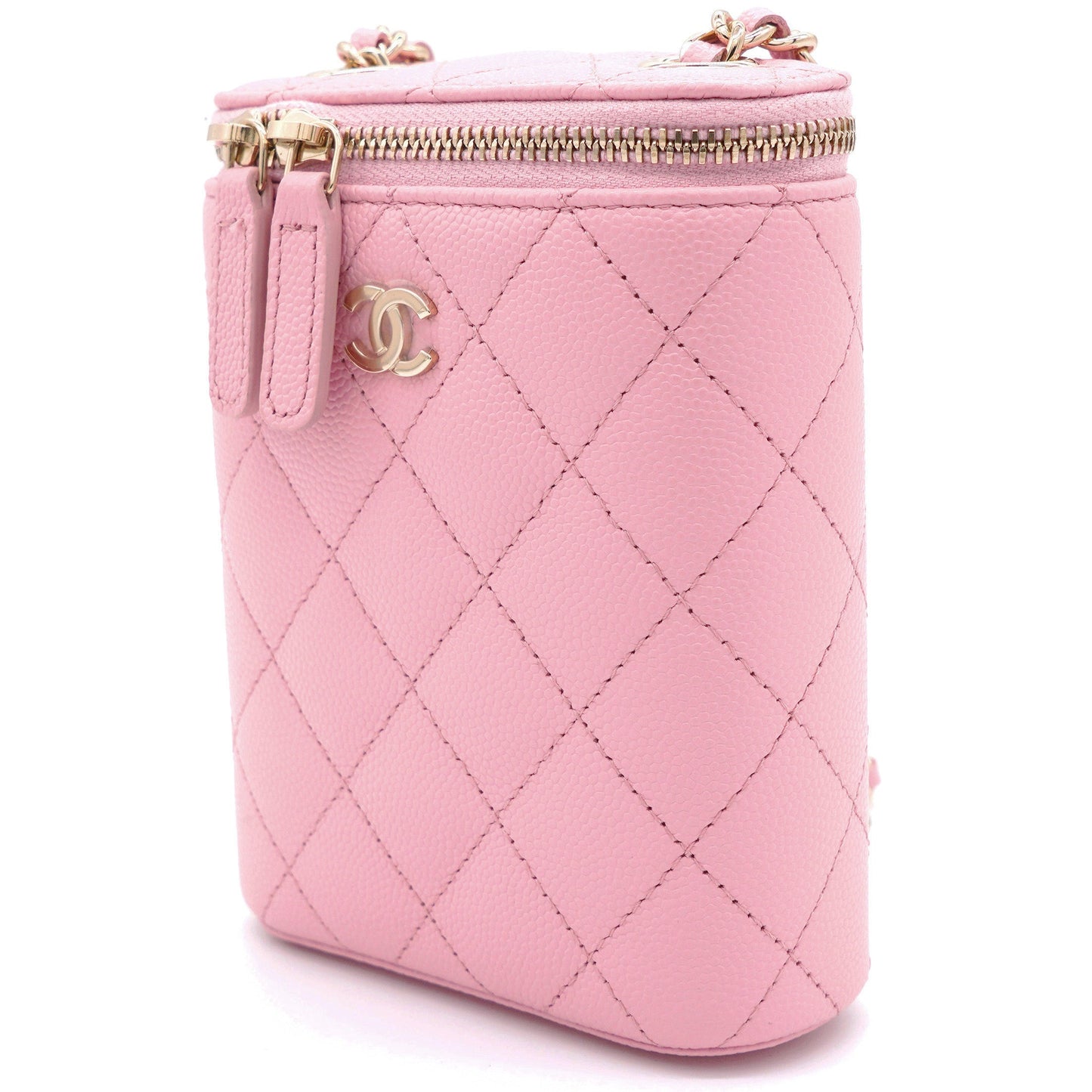 Chanel Caviar Quilted Small Vertical Coco Beauty Vanity Case With Chain Pink Sakura