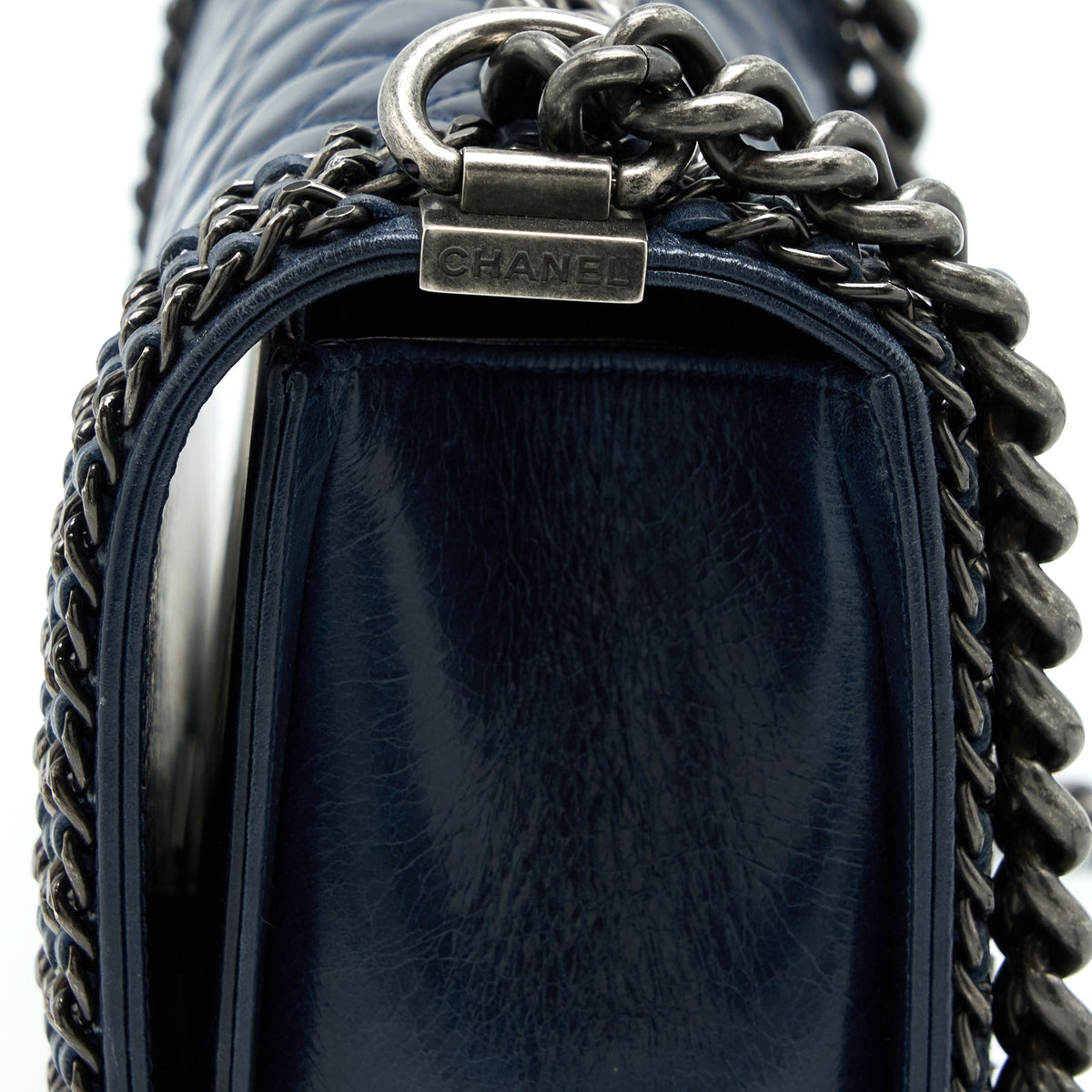 Chanel Medium Boy Bag Limited Edition with Chain Edge Aged Calfskin Navy Ruthenium Hardware