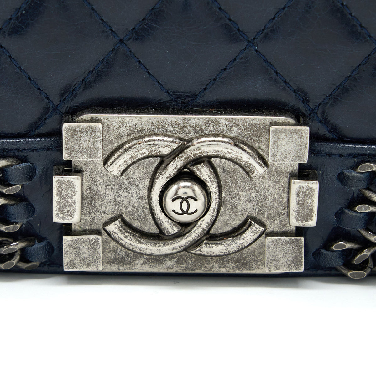 Chanel Medium Boy Bag Limited Edition with Chain Edge Aged Calfskin Navy Ruthenium Hardware