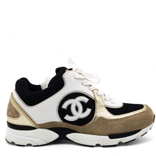 Chanel Calfskin Fabric Womens CC Sneakers Black White Silver Size 37.5