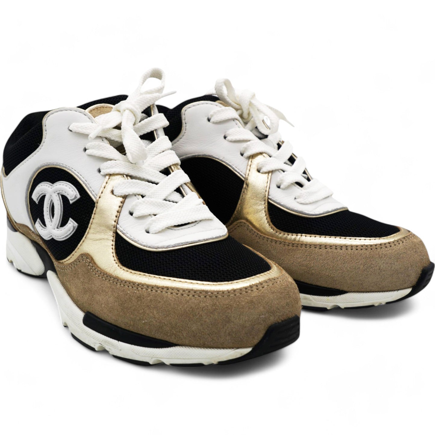 Chanel Calfskin Fabric Womens CC Sneakers Black White Silver Size 37.5