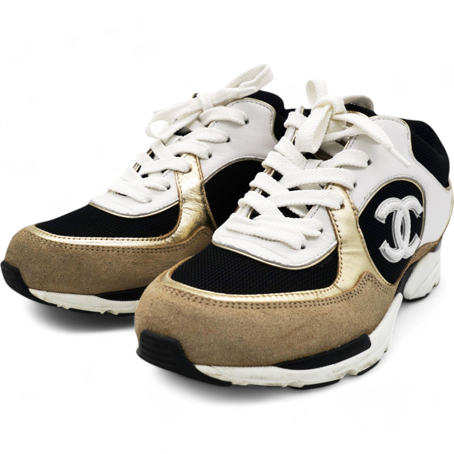 Chanel Calfskin Fabric Womens CC Sneakers Black White Silver Size 37.5