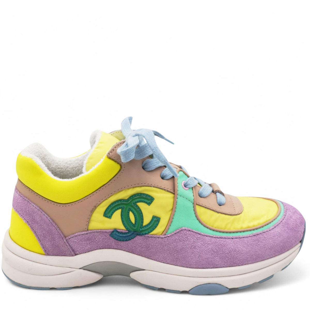 Chanel Nylon Lambskin Calfskin Suede CC Womens Sneakers Pink Yellow Purple Size 37