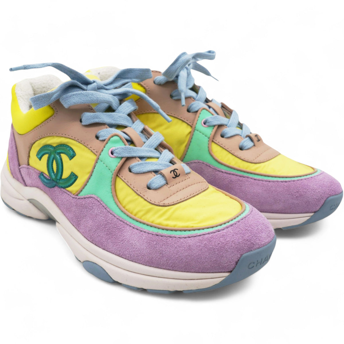 Chanel Nylon Lambskin Calfskin Suede CC Womens Sneakers Pink Yellow Purple Size 37