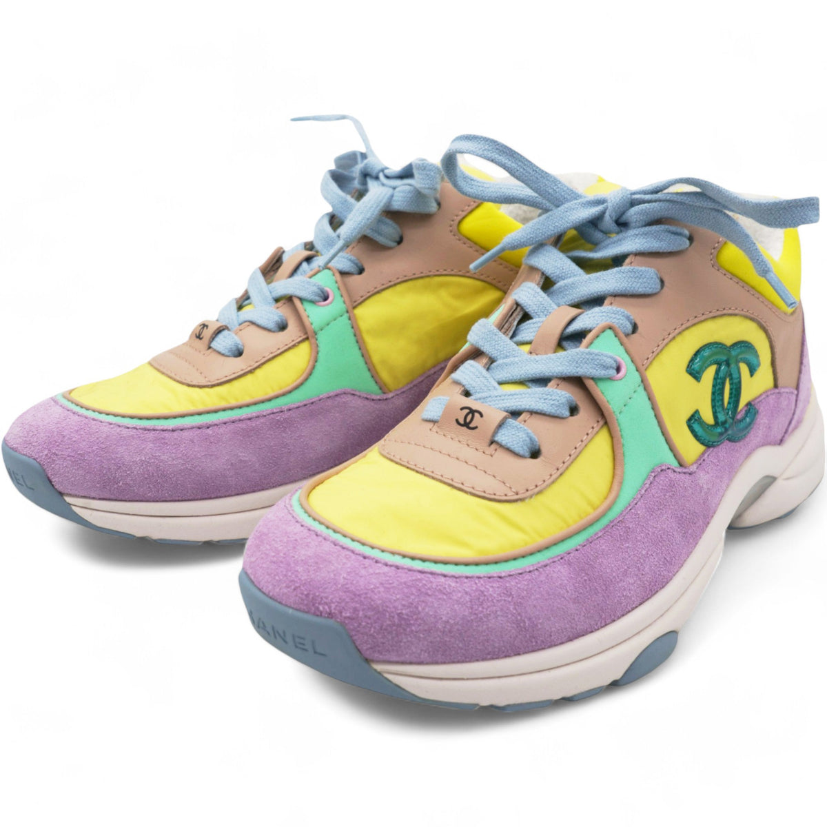 Chanel Nylon Lambskin Calfskin Suede CC Womens Sneakers Pink Yellow Purple Size 37