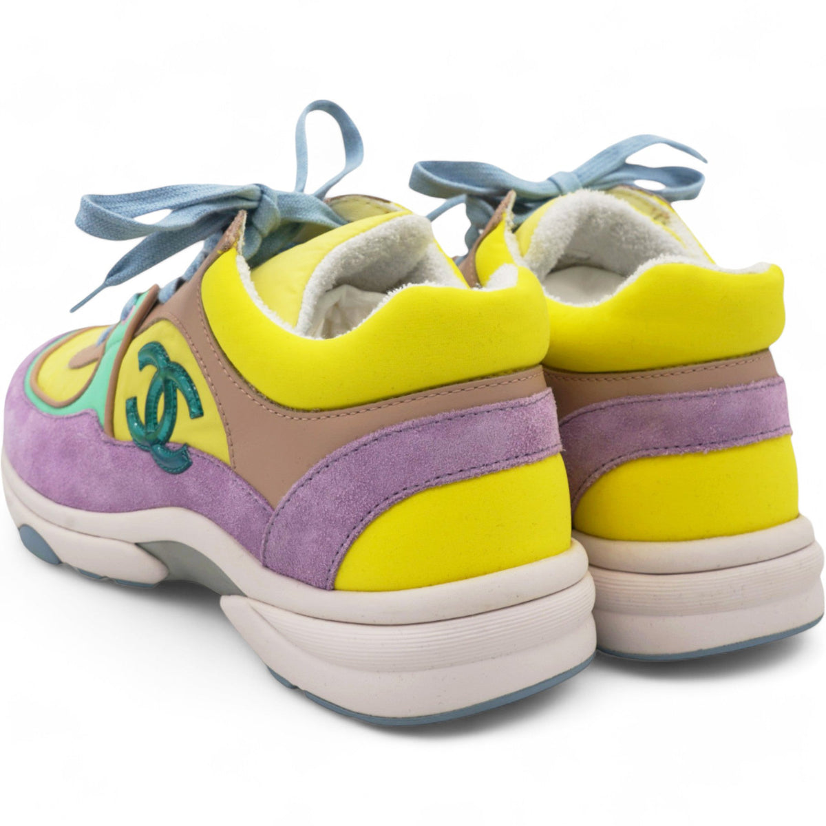 Chanel Nylon Lambskin Calfskin Suede CC Womens Sneakers Pink Yellow Purple Size 37