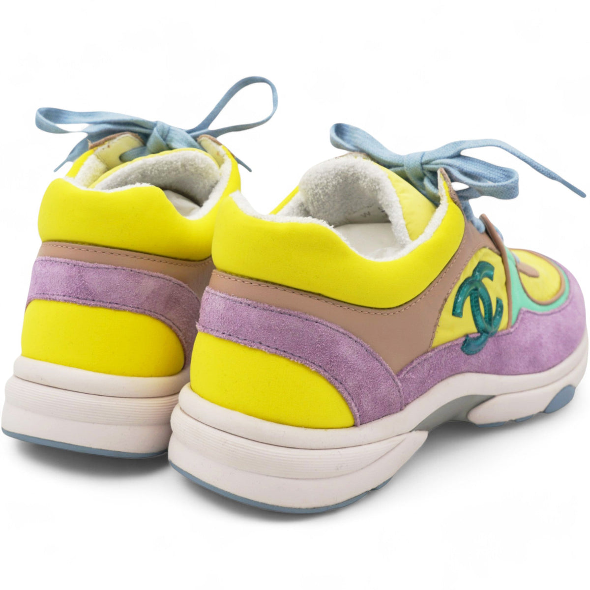 Chanel Nylon Lambskin Calfskin Suede CC Womens Sneakers Pink Yellow Purple Size 37