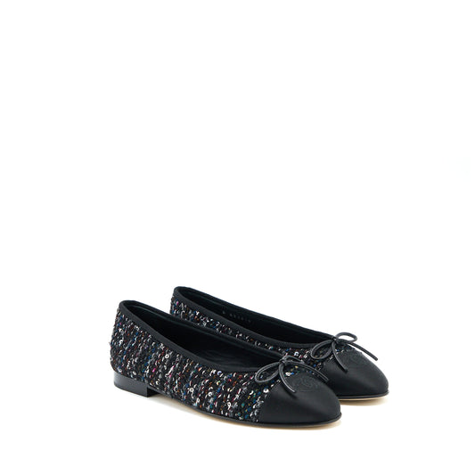 Chanel Size 39 Ballerina Flat Shoes Tweed/Satin Black/Multicolour