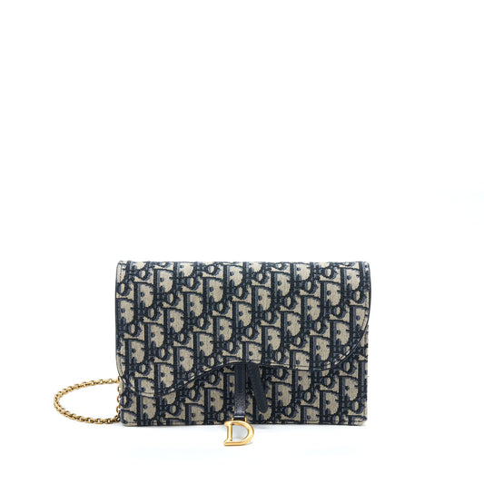 Dior Saddle Pouch With Chain Blue Dior Oblique Jacquard GHW
