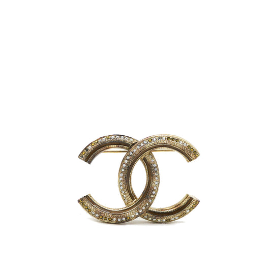 Chanel Crystal CC Brooch Gold