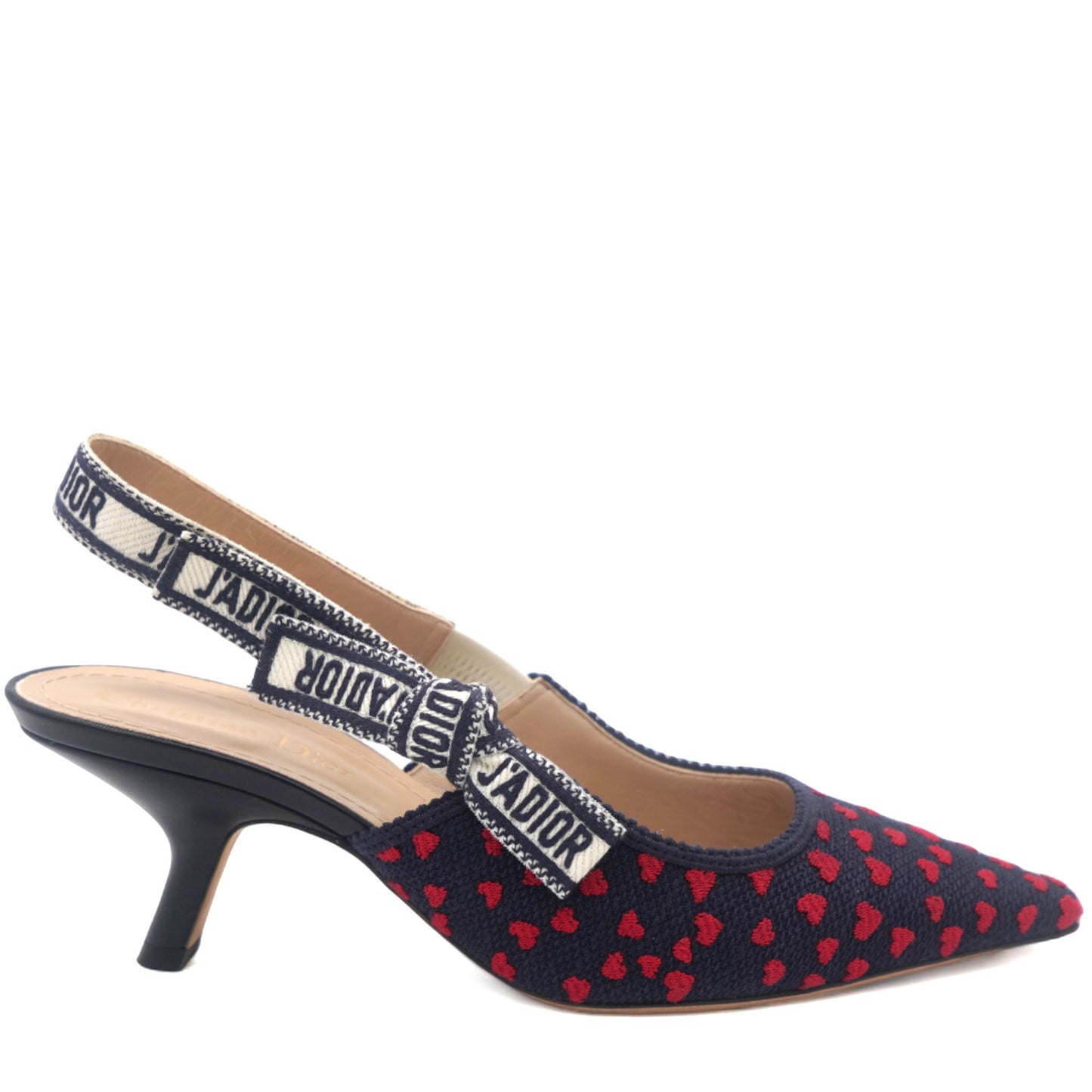 Dior Navy Blue/Red Heart Embossed Canvas J'Adior Slingback Pumps Size 37.5