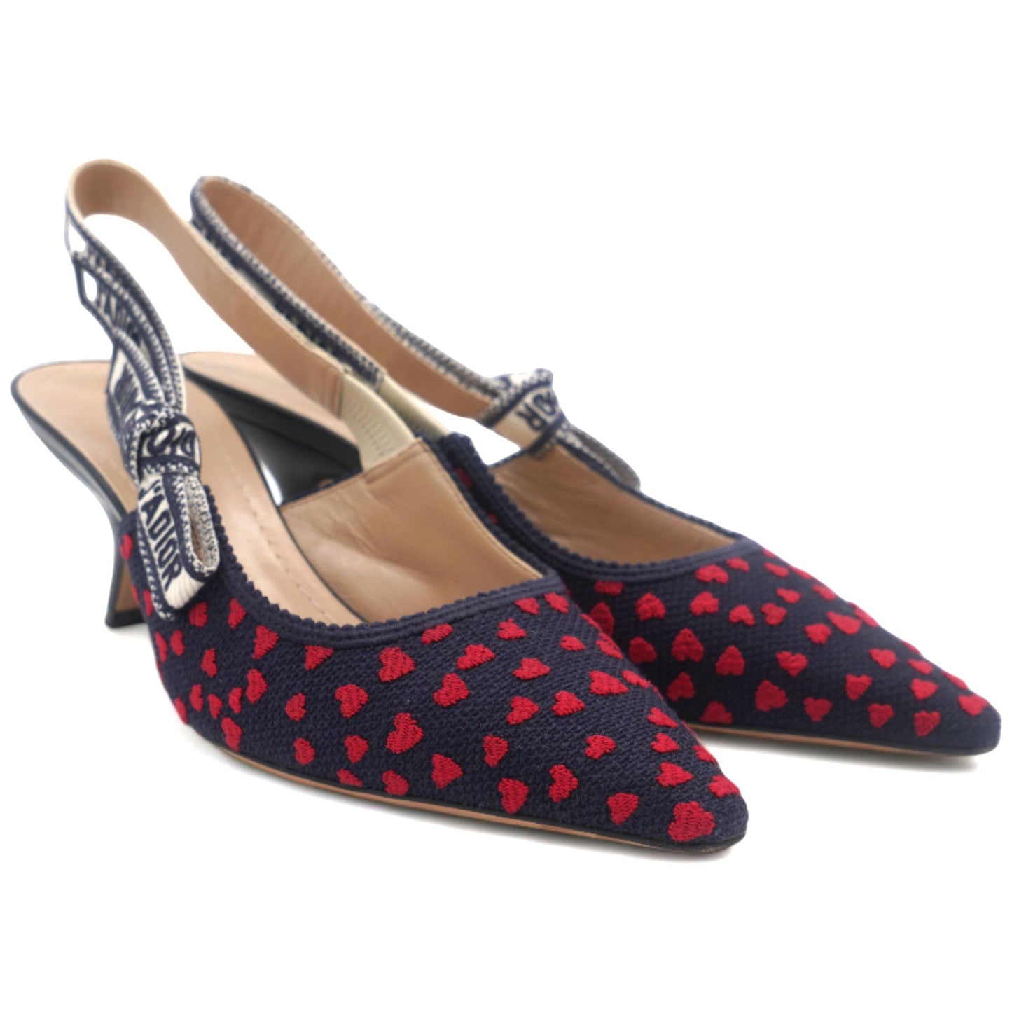 Dior Navy Blue/Red Heart Embossed Canvas J'Adior Slingback Pumps Size 37.5