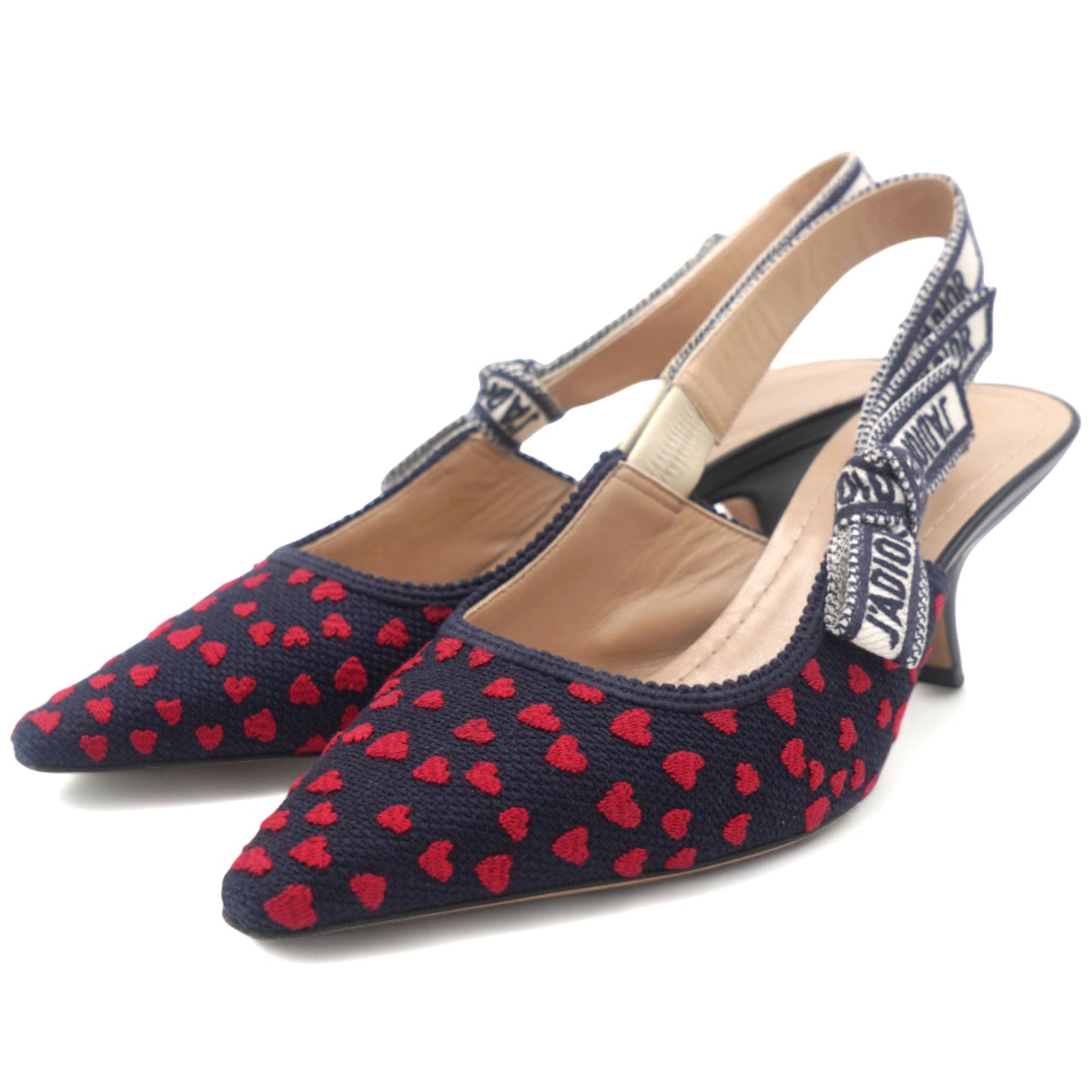 Dior Navy Blue/Red Heart Embossed Canvas J'Adior Slingback Pumps Size 37.5
