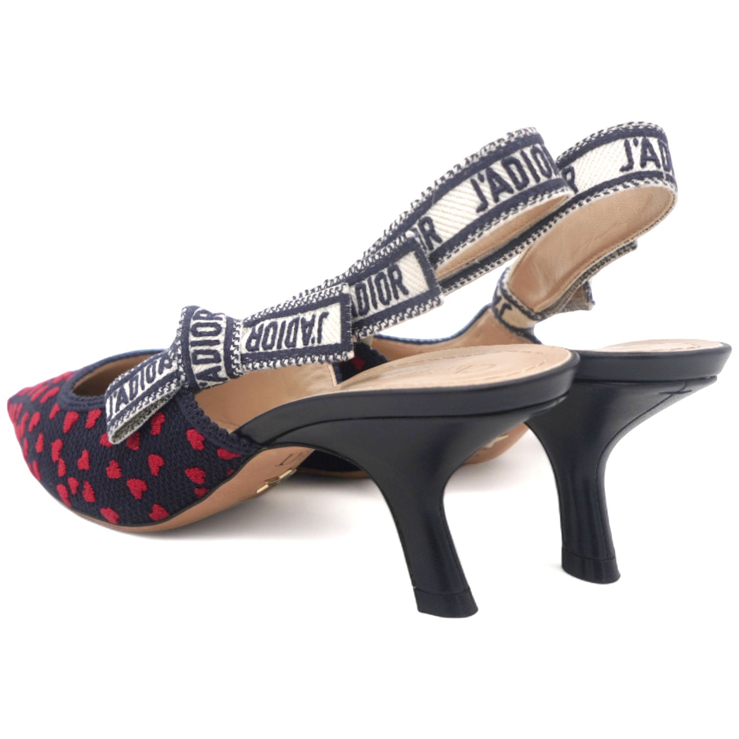 Dior Navy Blue/Red Heart Embossed Canvas J'Adior Slingback Pumps Size 37.5
