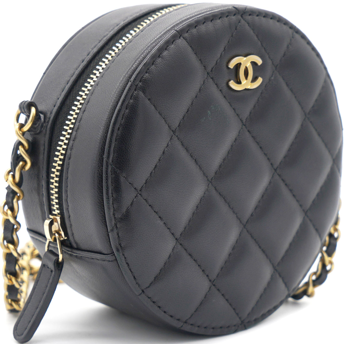 Chanel Mini Round Purse Vanity Lambskin Leather Black