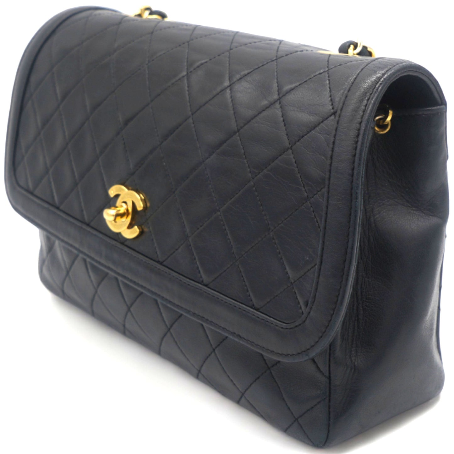 Chanel Vintage Lambskin Quilted Medium Single Flap Shoulder Bag Black