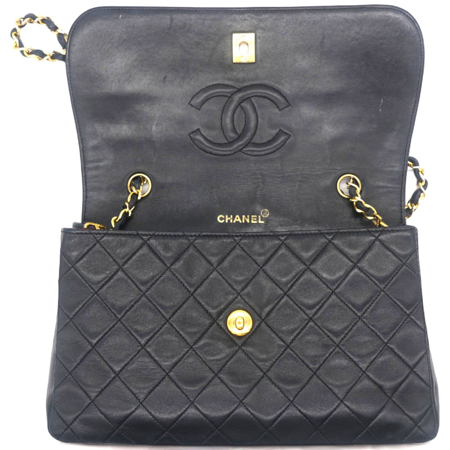 Chanel Vintage Lambskin Quilted Medium Single Flap Shoulder Bag Black
