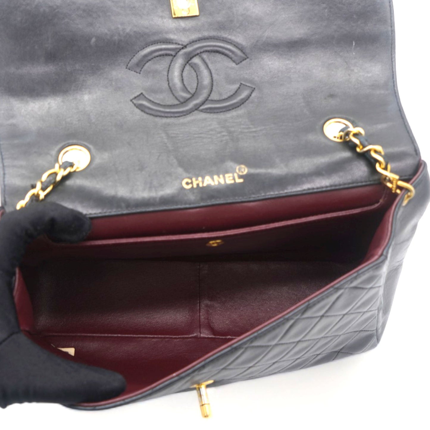 Chanel Vintage Lambskin Quilted Medium Single Flap Shoulder Bag Black