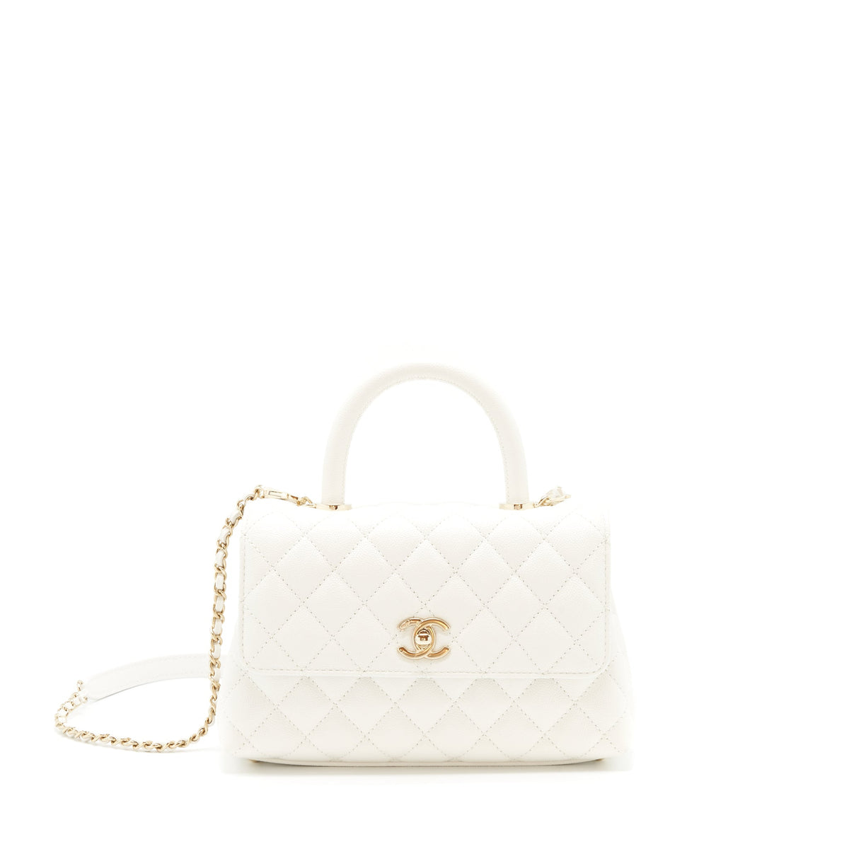 Chanel Small Coco Handle Caviar White LGHW (Microchip)