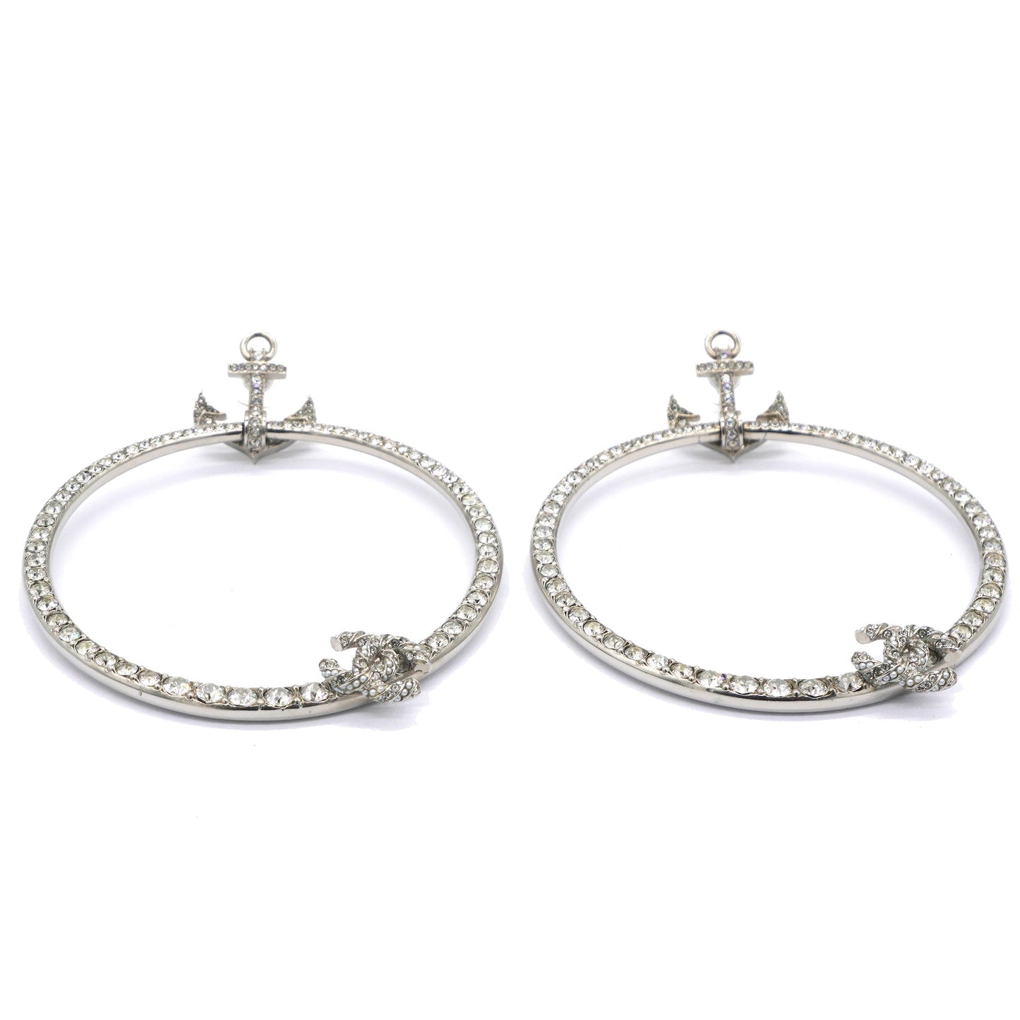 Chanel Crystal Anchor CC Hoop Earrings Silver