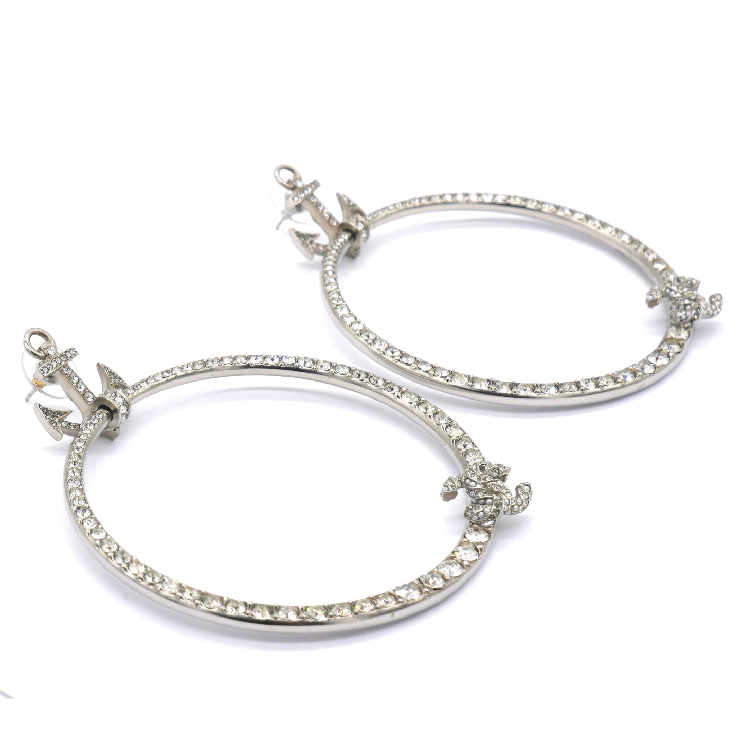 Chanel Crystal Anchor CC Hoop Earrings Silver
