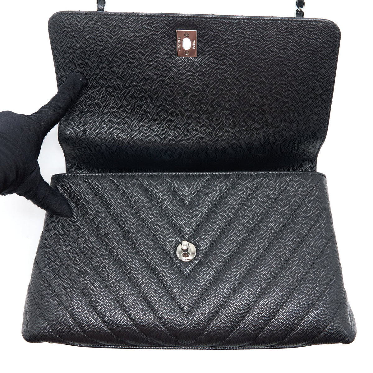 Chanel Medium Coco Handle Chevron Caviar Black SHW