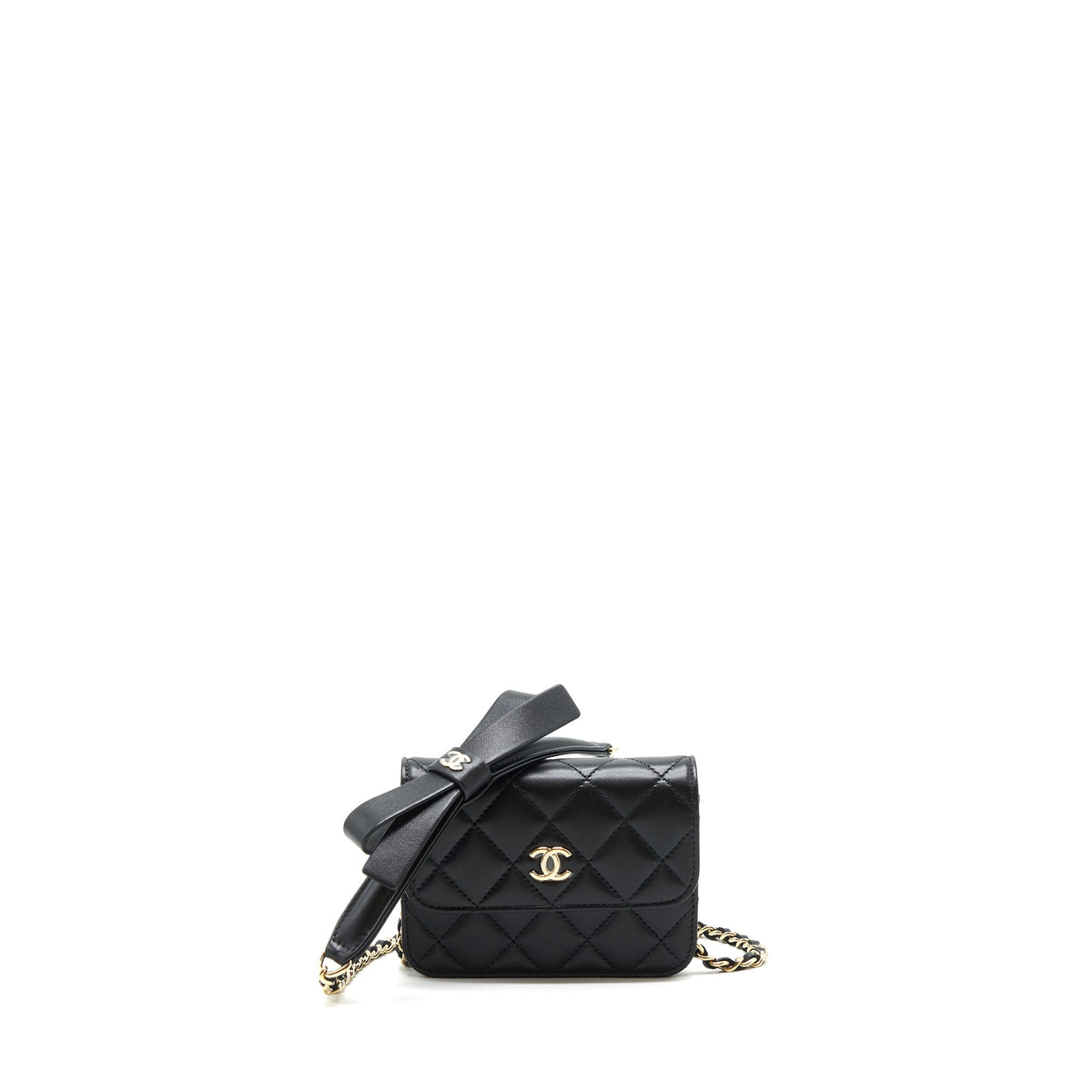 Chanel Mini flap card holder Ribbon Chain Lambskin Black LGHW
