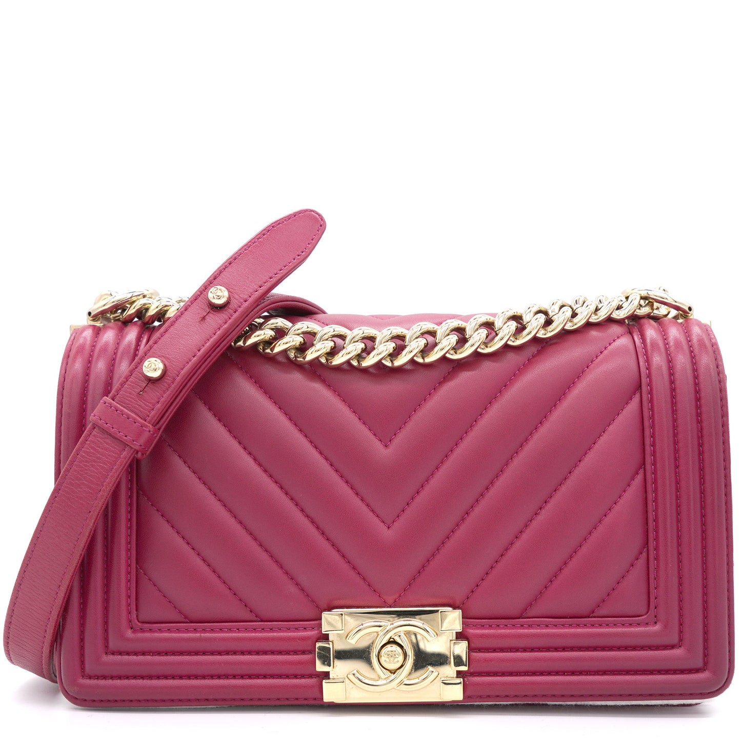 Chanel Fuschia Lambskin Chevron Quilted Old Medium Boy Flap