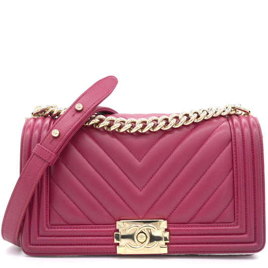 Chanel Fuschia Lambskin Chevron Quilted Old Medium Boy Flap