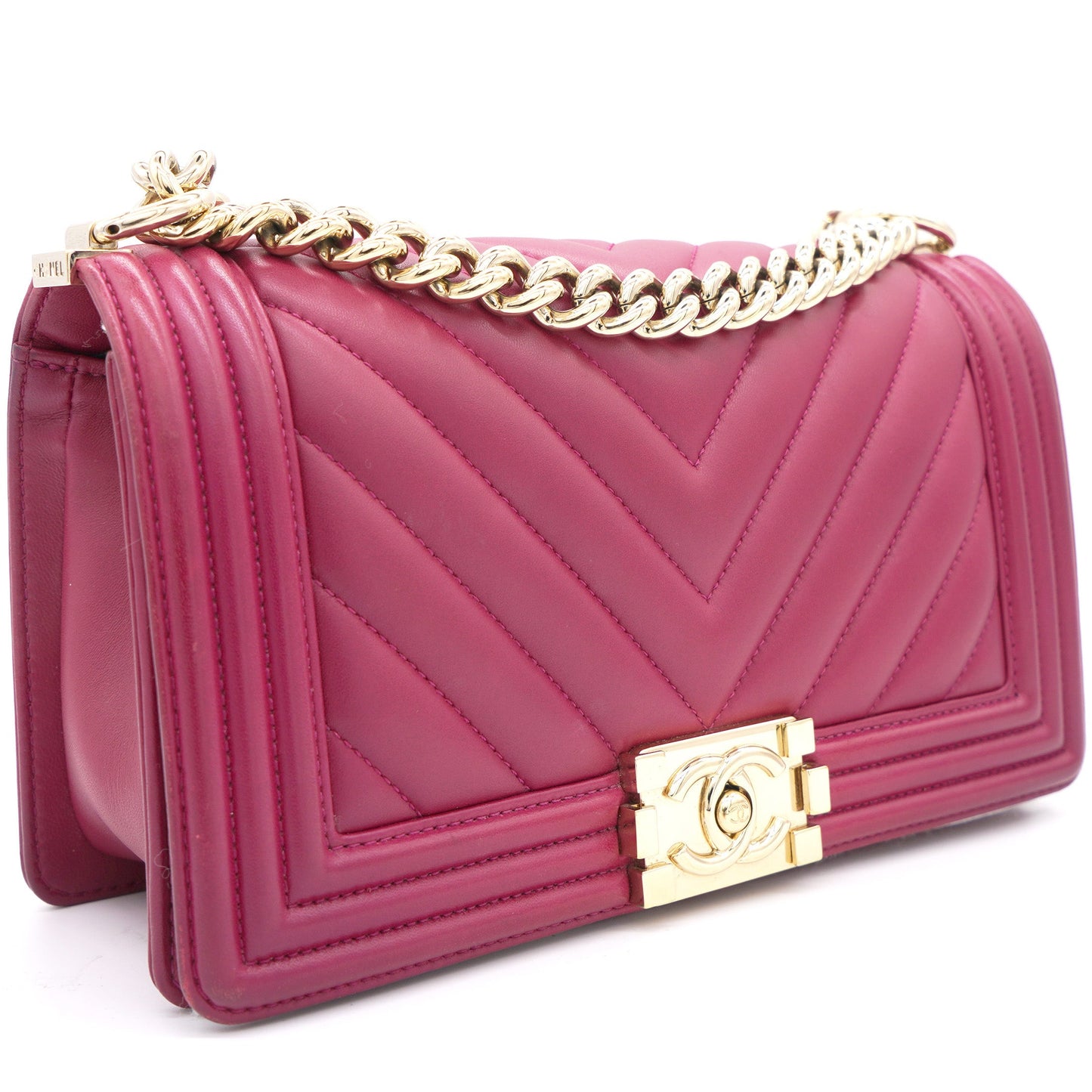 Chanel Fuschia Lambskin Chevron Quilted Old Medium Boy Flap
