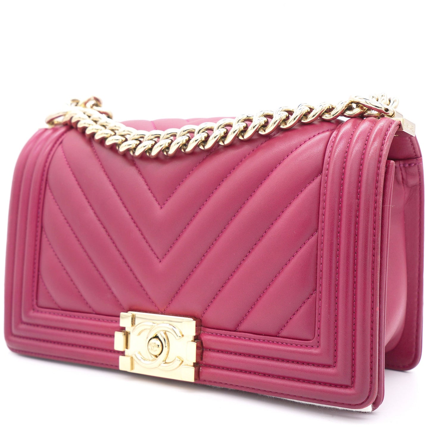 Chanel Fuschia Lambskin Chevron Quilted Old Medium Boy Flap