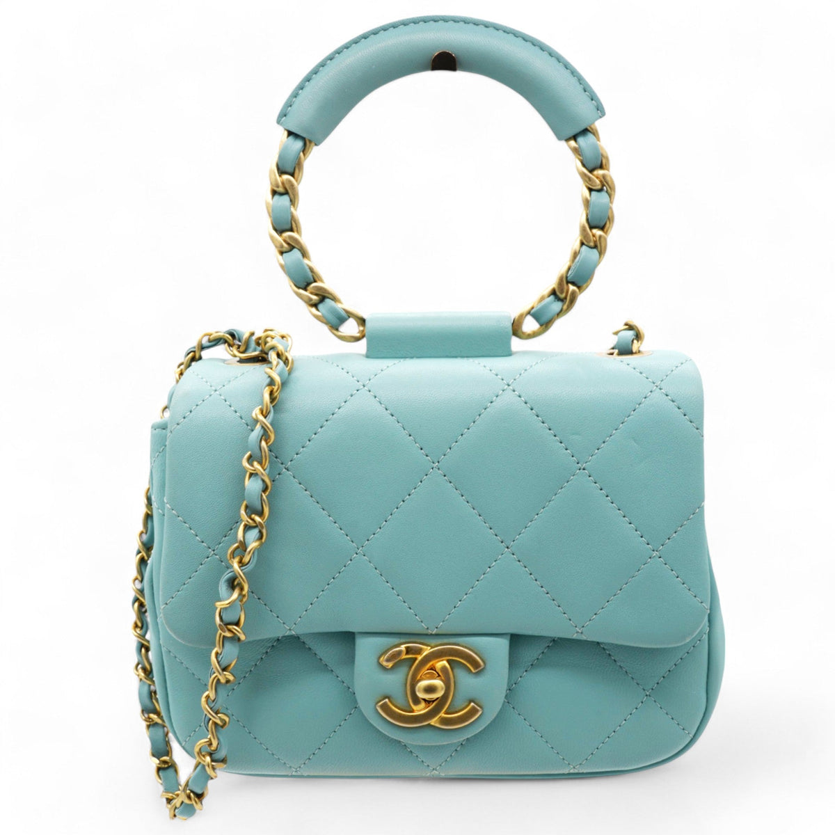 Chanel Pale Blue Quilted Lambskin In The Loop Top Handle Mini Flap Bag