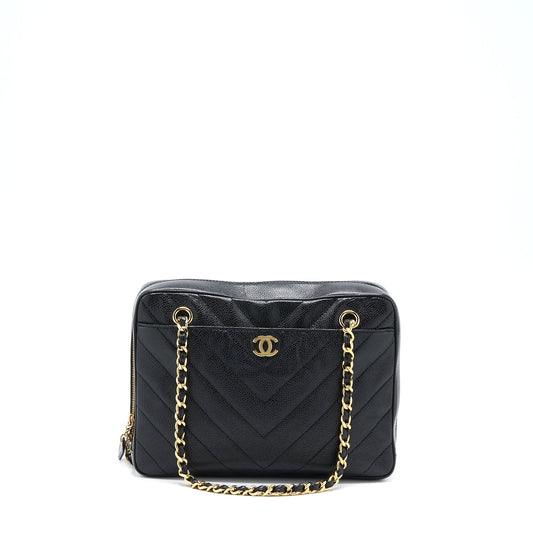Chanel Vintage Camera Chevron Tote Bag Caviar Black GHW