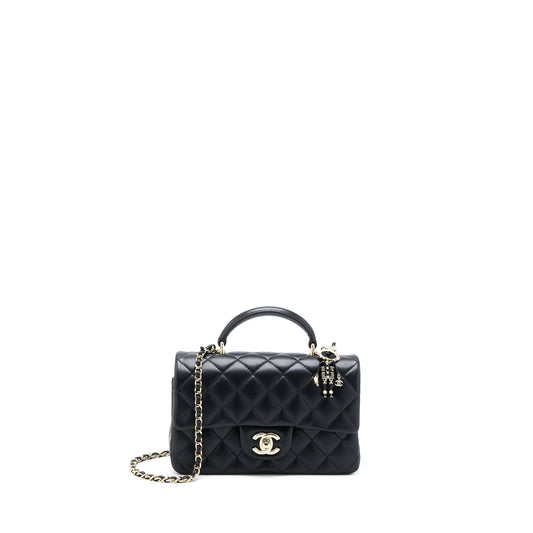 Chanel 22P lion charm Top Handle Mini Rectangular flap bag Lambskin Black LGHW (Microchip)