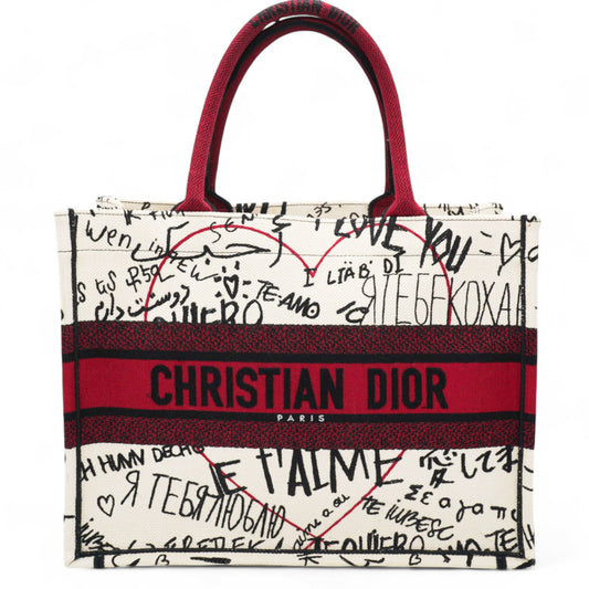 Dior Canvas Embroidered Medium Dioramour Graffiti Book Tote Latte Multicolor