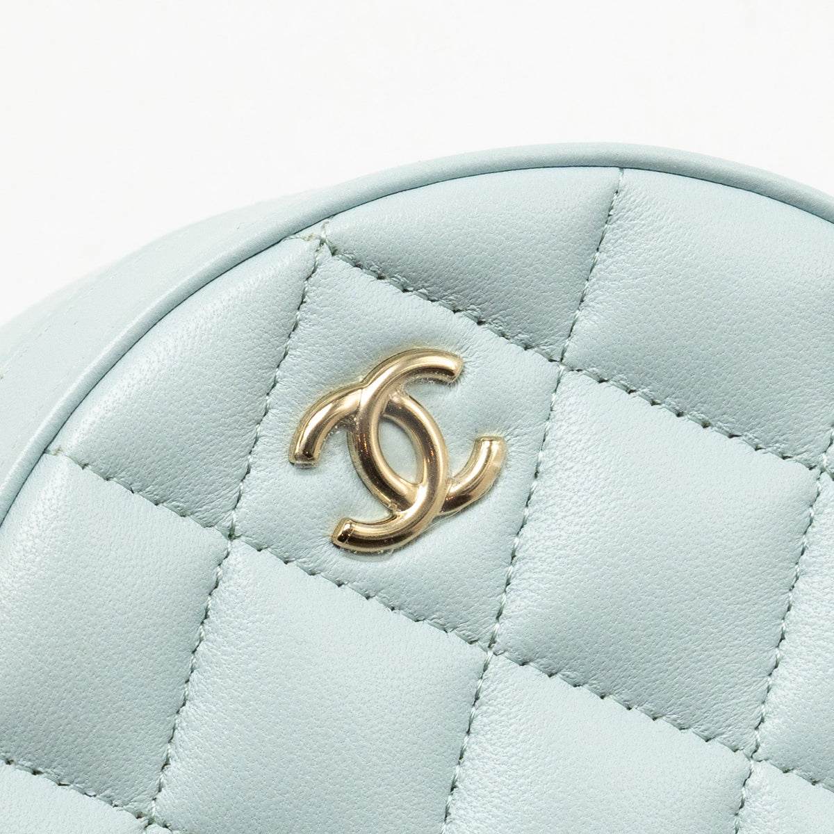 Chanel Mini Round Vanity With ribbon on chain Lambskin Light Blue LGHW