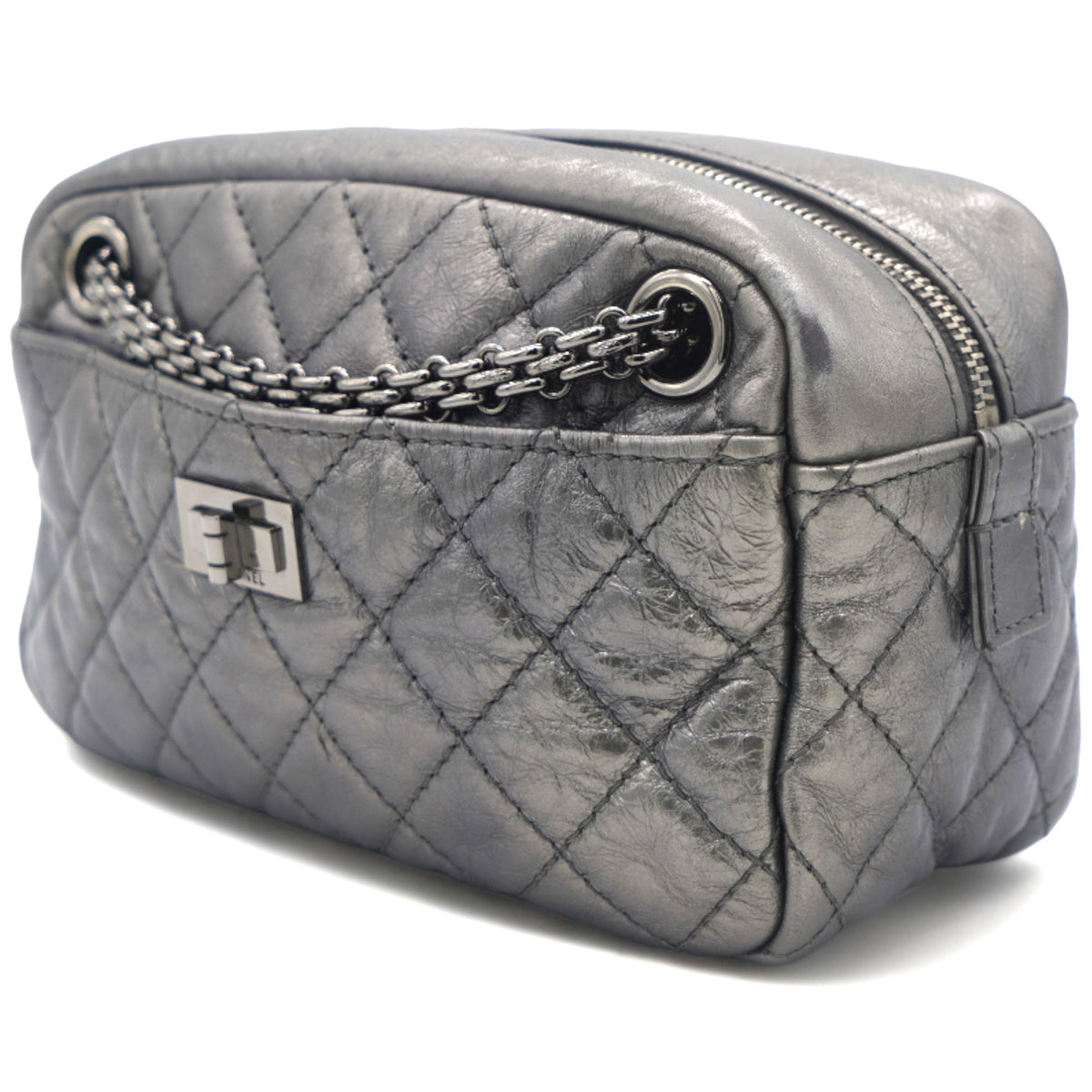 Chanel Metallic Aged Calfskin Quilted Small Reissue Camera Case Dark Silver