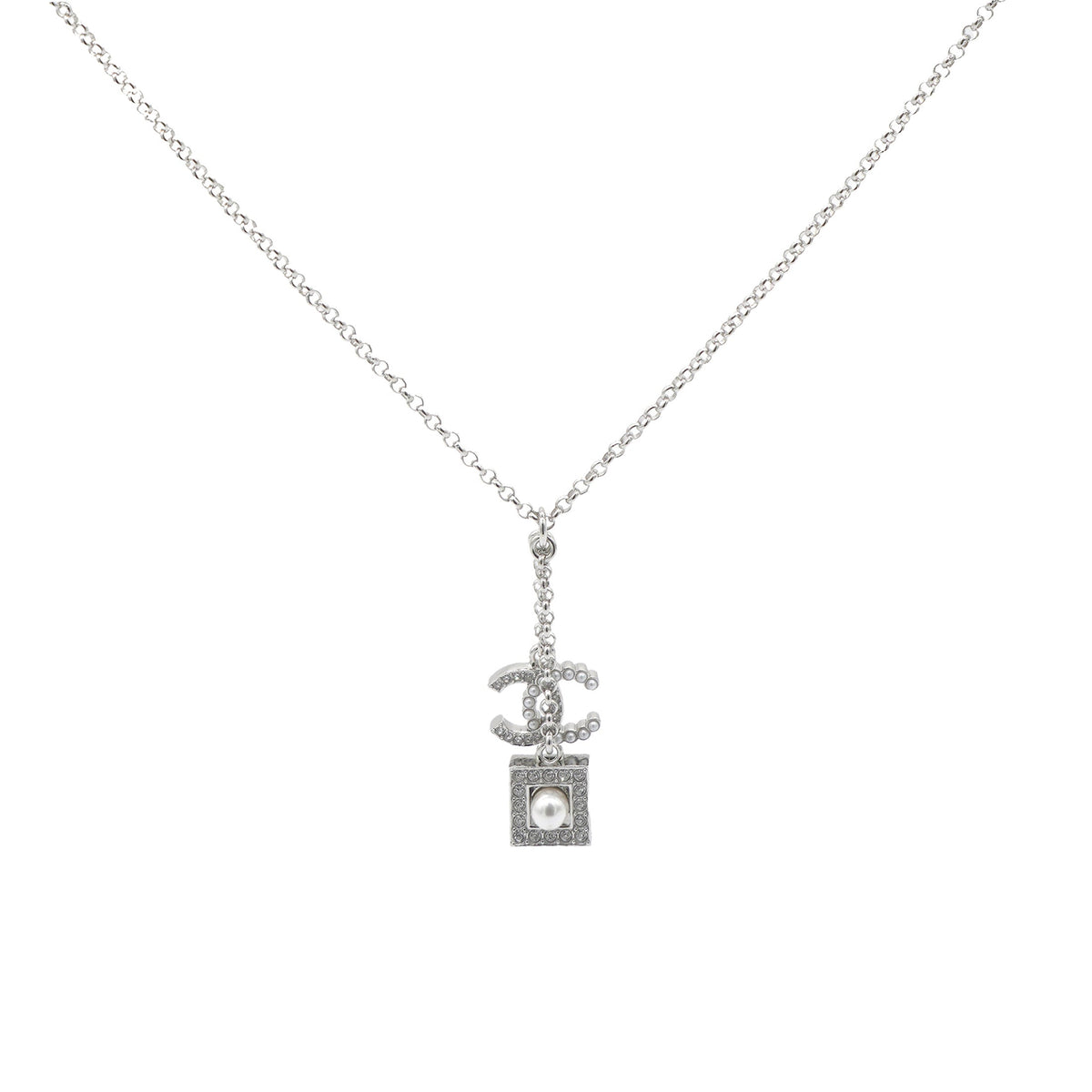 Chanel Pearl Rhinestone CC Logo Square Pendant Silver Pendant Necklace