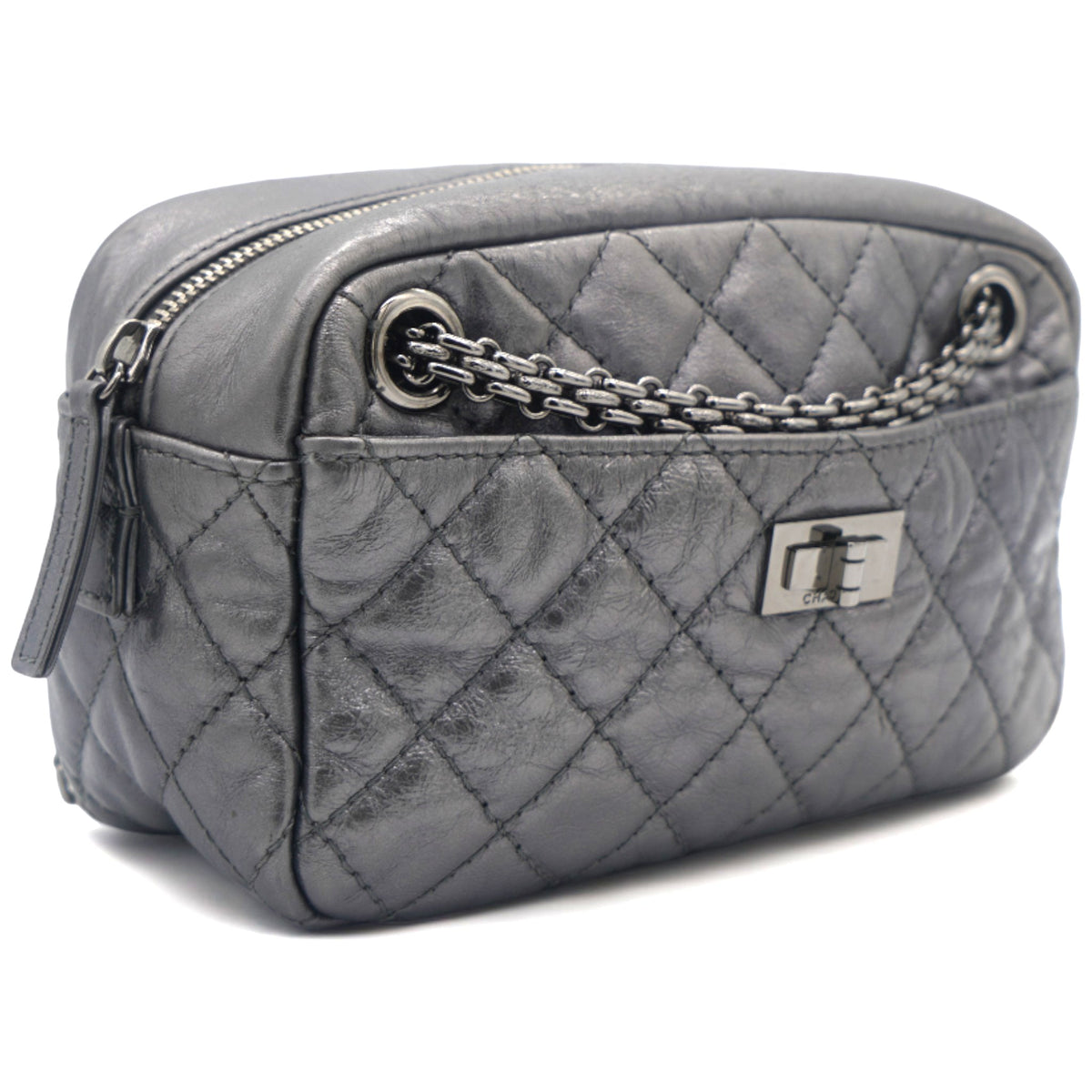 Chanel Metallic Aged Calfskin Quilted Small Reissue Camera Case Dark Silver