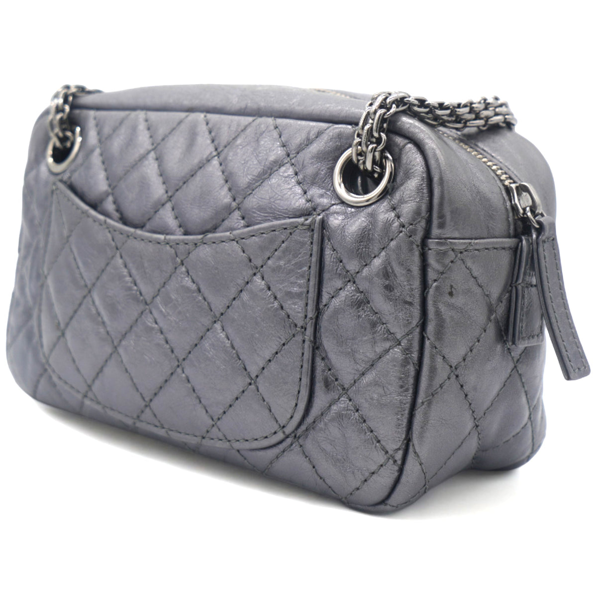 Chanel Metallic Aged Calfskin Quilted Small Reissue Camera Case Dark Silver