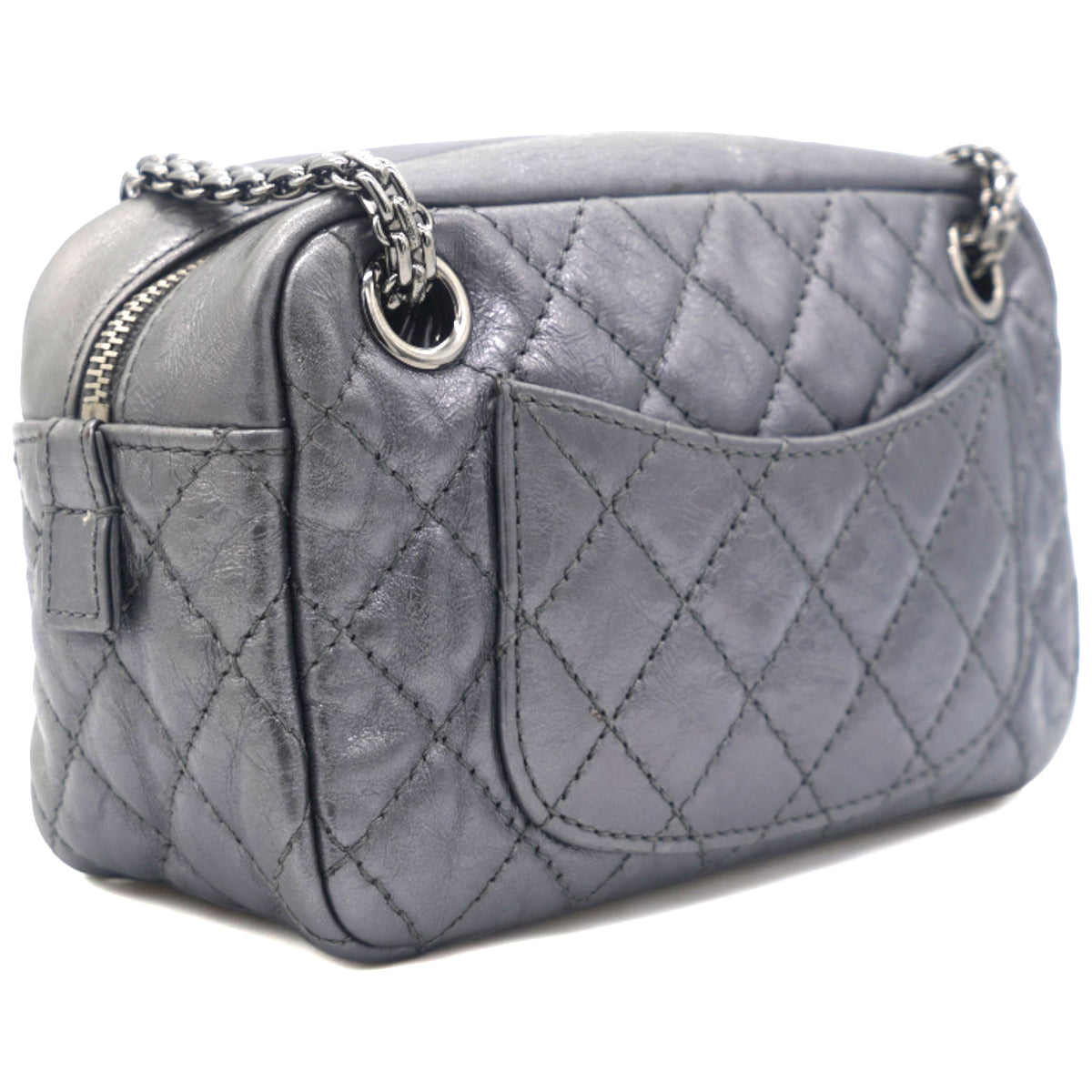 Chanel Metallic Aged Calfskin Quilted Small Reissue Camera Case Dark Silver