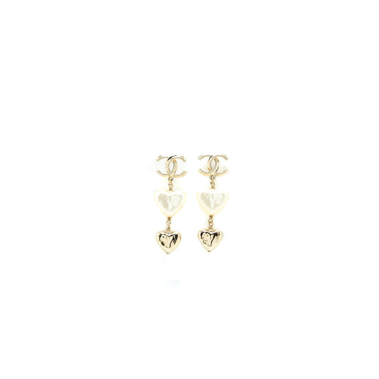 Chanel CC Logo Heart Drop Earrings Light Gold Tone