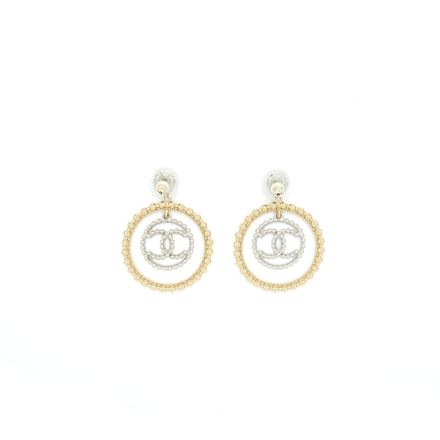 Chanel Giant CC Logo And Round Earrings Silver/Light Gold Tone