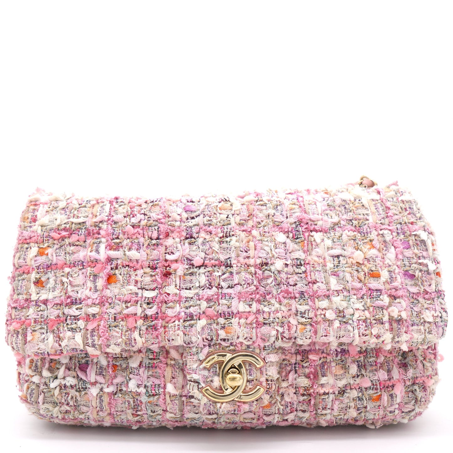 Chanel 2019 Pink Tweed Fabric & Pearls Classic Single Flap Bag